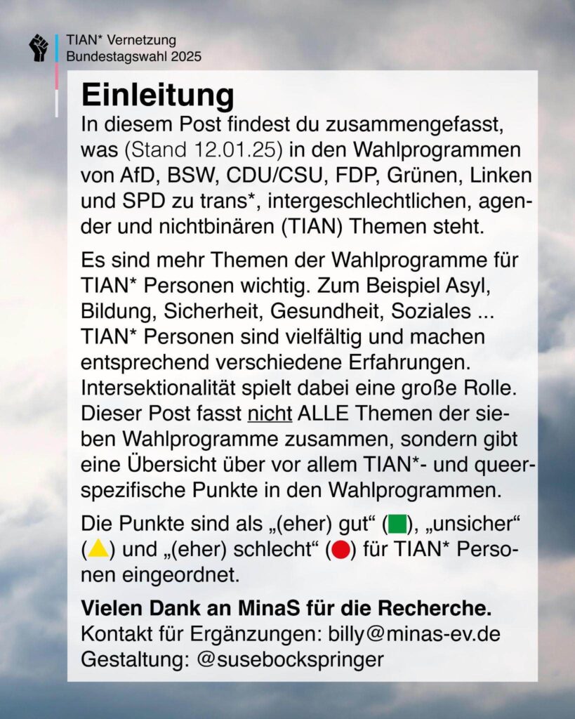 Das zweite Bild zeigt Wolken im Hintergrund. Daneben ist eine stilisierte schwarze geballte Faust und ein Strich in trans* Farben abgebildet. Daneben steht: TIAN* Vernetzung Bundestagswahl 2025. Vor dem wolkigen Hintergrund ist ein helles Rechteck mit Text darin. Der Text im zweiten Bild lautet: Einleitung In diesem Post findest du zusammengefasst, was (Stand 12.01.25) in den Wahlprogrammen von AfD, BSW, CDU/CSU, FDP, Grünen, Linken und SPD zu trans*, intergeschlechtlichen, agender und nichtbinären (TIAN) Themen steht. Es sind mehr Themen der Wahlprogramme für TIAN* Personen wichtig. Zum Beispiel Asyl, Bildung, Sicherheit, Gesundheit, Soziales ... TIAN* Personen sind vielfältig und machen entsprechend verschiedene Erfahrungen. Intersektionalität spielt dabei eine große Rolle. Dieser Post fasst nicht ALLE Themen der sieben Wahlprogramme zusammen, sondern gibt eine Übersicht über vor allem TIAN*- und queer-spezifische Punkte in den Wahlprogrammen. Die Punkte sind mit einem grünen Rechteck markiert als „(eher) gut", mit einem gelben Dreieck als „unsicher" und mit einem roten Kreis als „(eher) schlecht") für TIAN* Personen eingeordnet. Vielen Dank an MinaS für die Recherche. Kontakt für Ergänzungen: billy@minas-ev.de Gestaltung: @susebockspringer